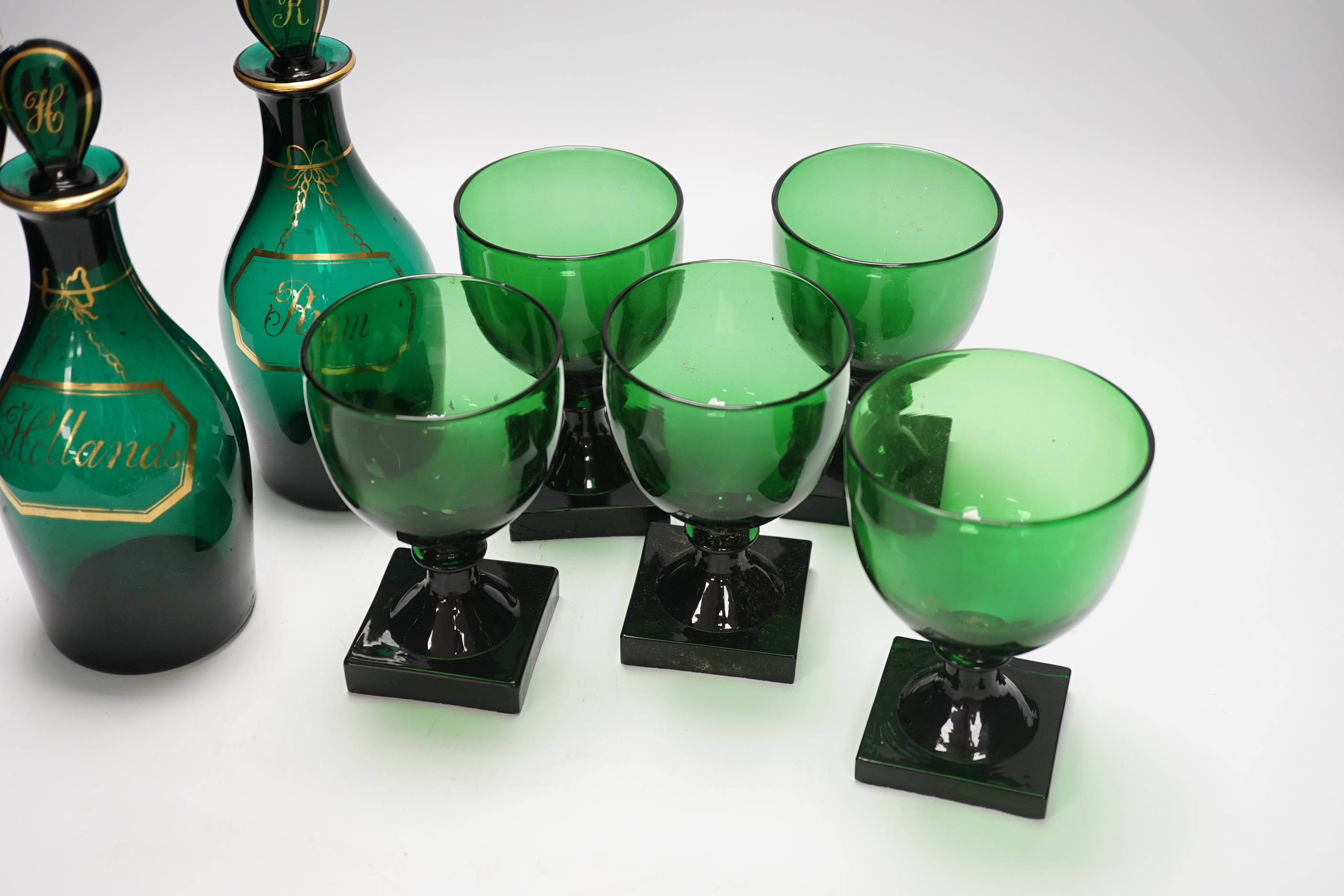 A pair of small Bristol green decanters, Rum and Hollands, c.1800 and five 19th century green - Image 2 of 7