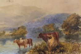 William Henry Harford (1840-1917), watercolour, Mountainous landscape with Highland cattle,