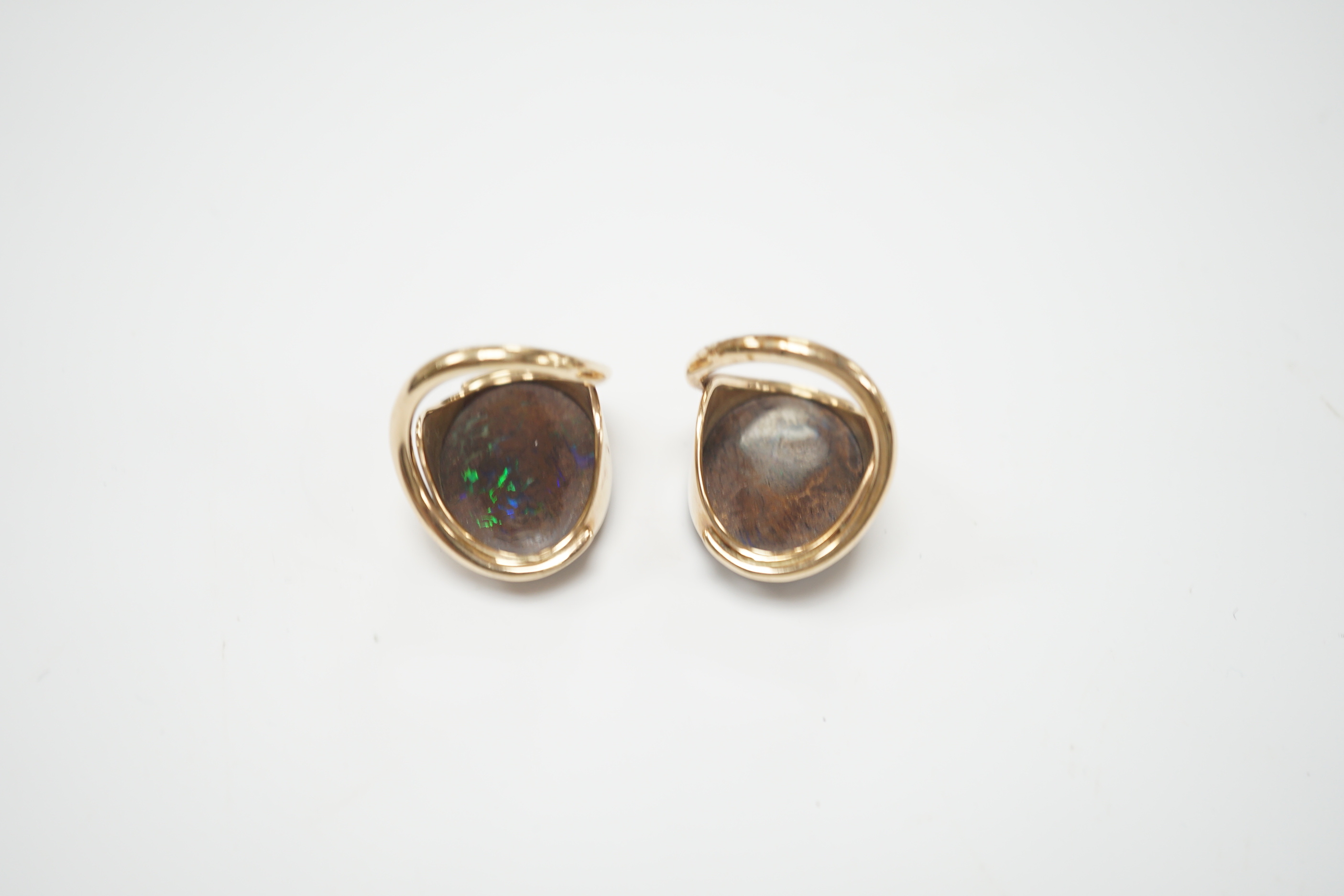 A pair of yellow metal and oval boulder opal set dress rings, both size M, gross weight 20 grams. - Image 7 of 8