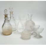 A pair of 19th century cut glass decanters, a collection of salts, etc., decanters 23.5cm