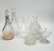 A pair of 19th century cut glass decanters, a collection of salts, etc., decanters 23.5cm