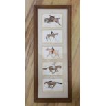 French School, set of five 20th century ink and watercolours, Horse racing and hunting interest,