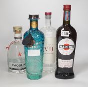 Ten assorted spirits etc. including six bottles of gin, two bottles of Antica Formula Vermouth, a