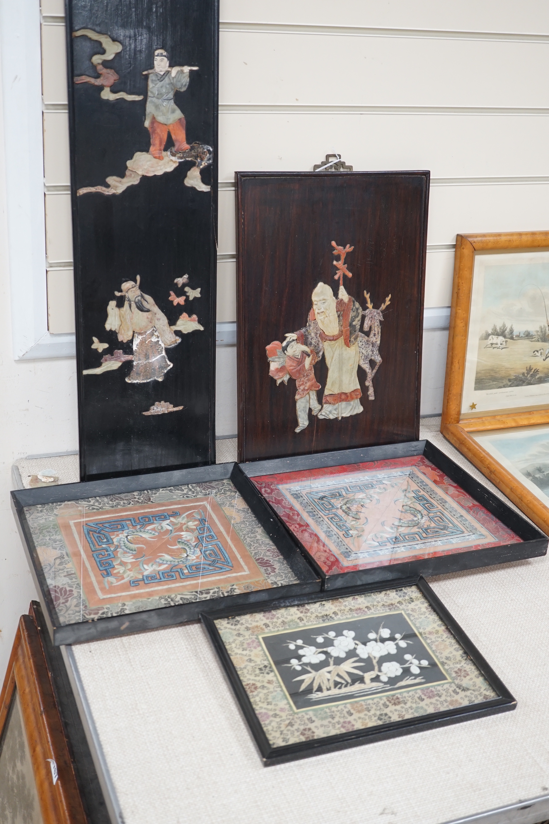 Three framed Chinese silk embroidered panels including a Beijing knot embroidered panel, two with - Image 6 of 6