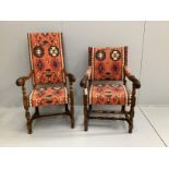 Two 1920's Jacobean Revival carved walnut elbow chairs with Kilim fabric upholstery, larger width