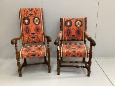 Two 1920's Jacobean Revival carved walnut elbow chairs with Kilim fabric upholstery, larger width