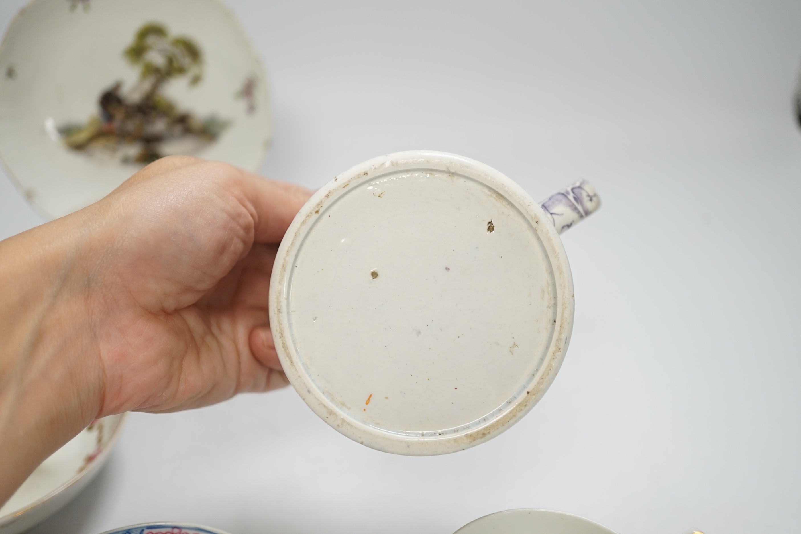 Two Derby porcelain coffee cans and one saucer, a tea bowl, a pearlware mug and a mid 18th century - Image 8 of 9