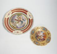 A late 19th century Vienna style “Mars and Venus “saucer and a Vienna style cabinet plate, largest
