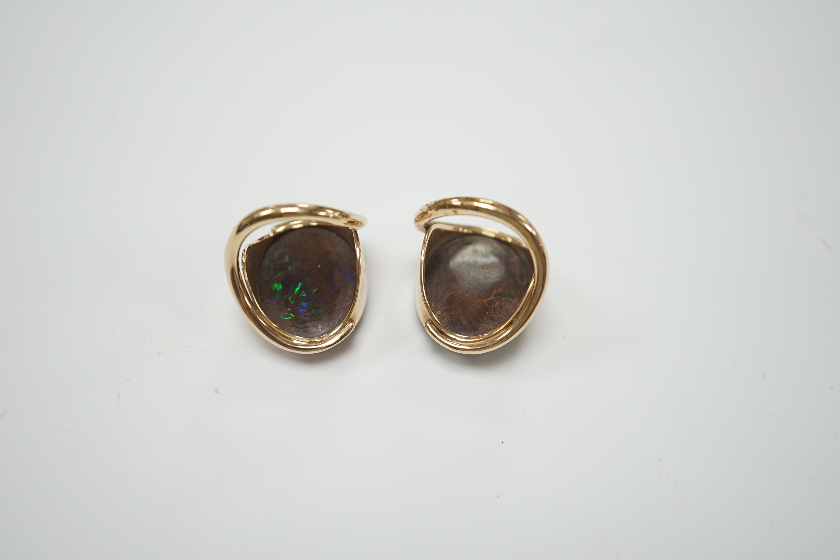 A pair of yellow metal and oval boulder opal set dress rings, both size M, gross weight 20 grams. - Image 8 of 8