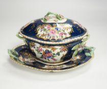 A Worcester scale blue tureen and cover on stand, c.1765-70, 21cm wide