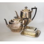 A plated four piece tea set tea, Danish candle holders, dishes salts etc