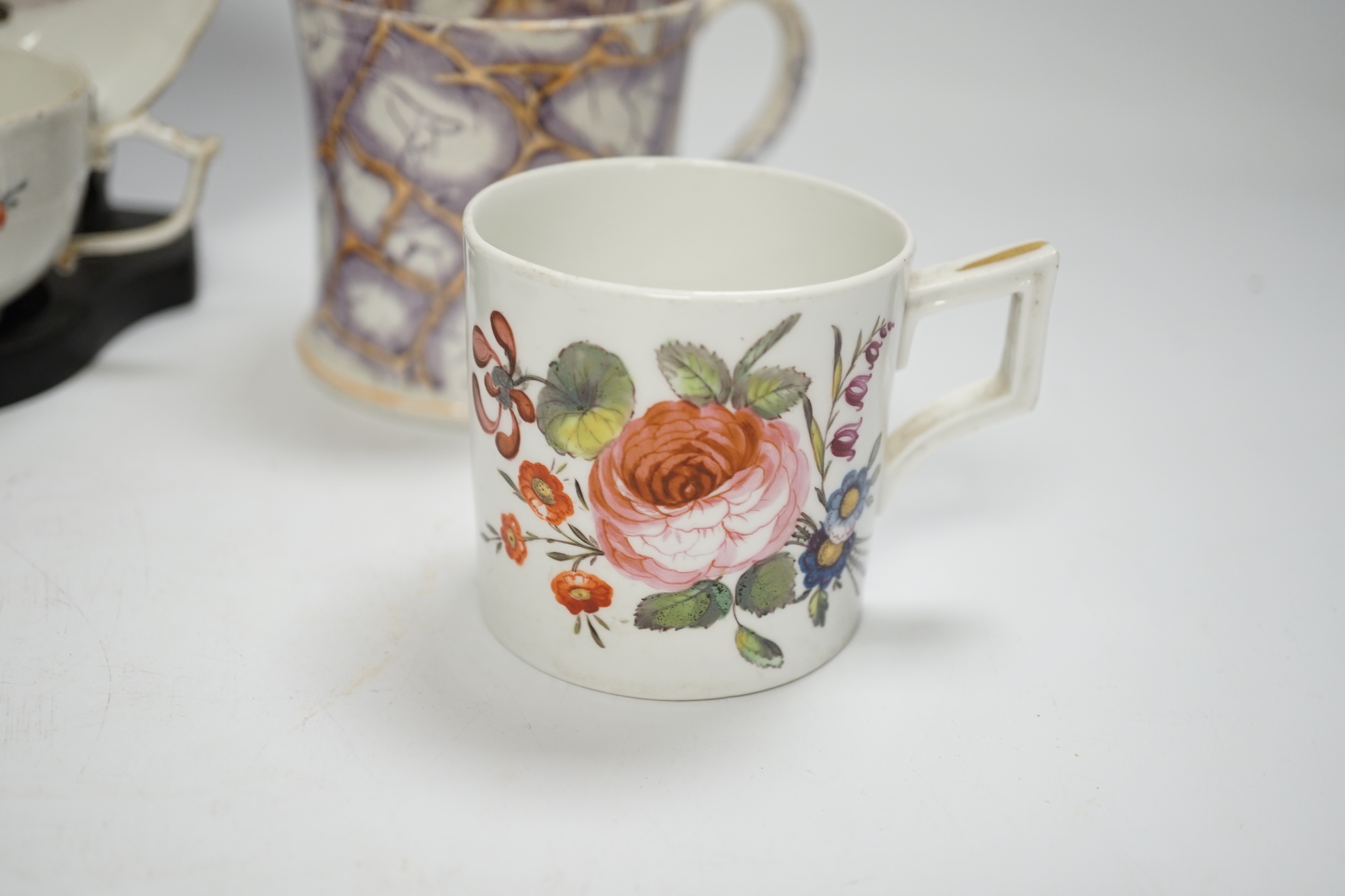 Two Derby porcelain coffee cans and one saucer, a tea bowl, a pearlware mug and a mid 18th century - Image 5 of 9