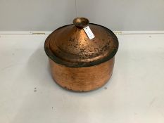 A circular copper lidded cauldron, diameter 44cm, height 36cm