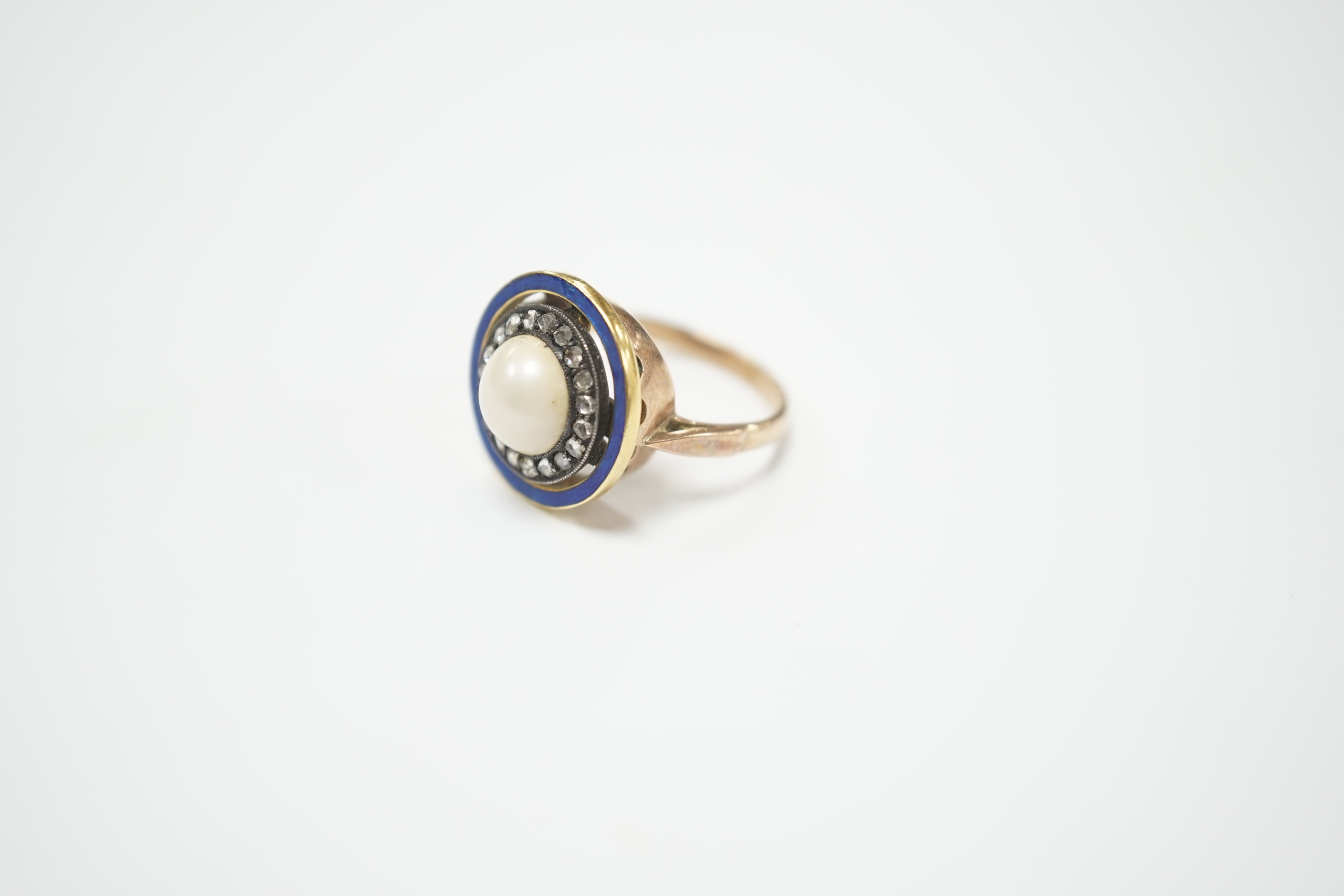 An early to mid 20th century yellow metal, split pearl, rose cut diamond chip and blue enamel set - Image 2 of 5