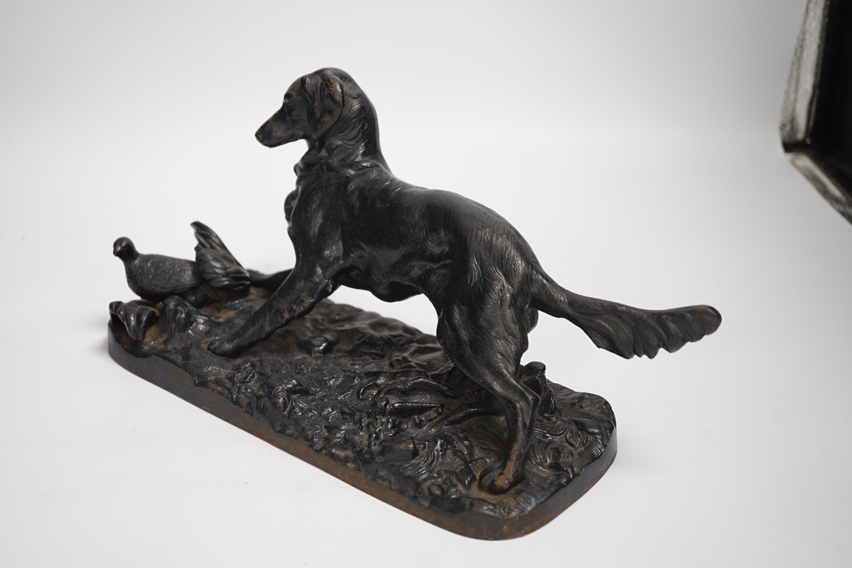 A cold-painted lead figure and a bronze animalier retriever dog, dog group 34cm long (2) - Image 6 of 7