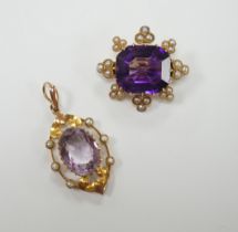An early 20th century yellow metal, amethyst and seed pearl set brooch, 26mm and a similar