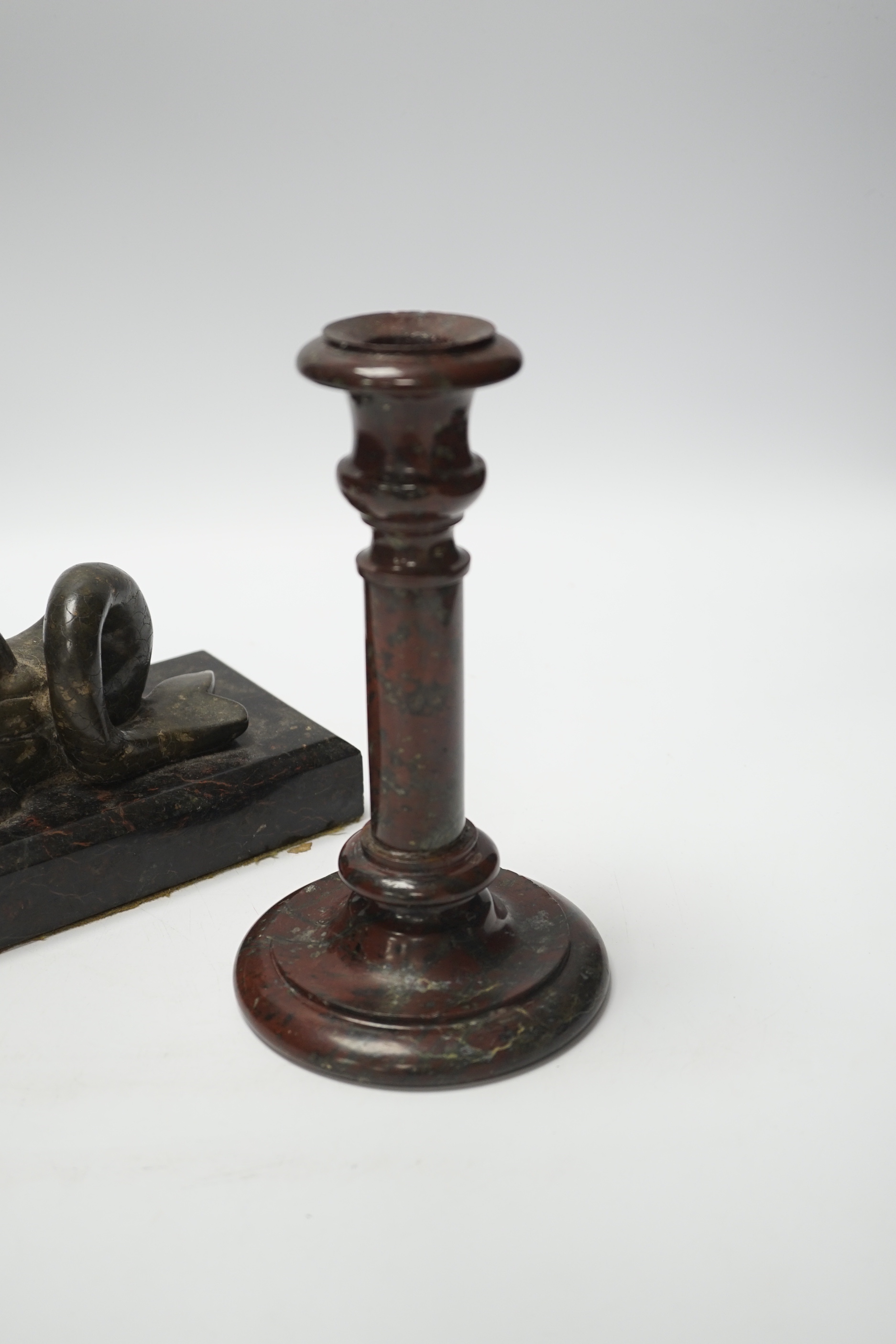 A 19th century serpentine candlestick and a carved dolphin paperweight, tallest 20cm high - Image 2 of 4