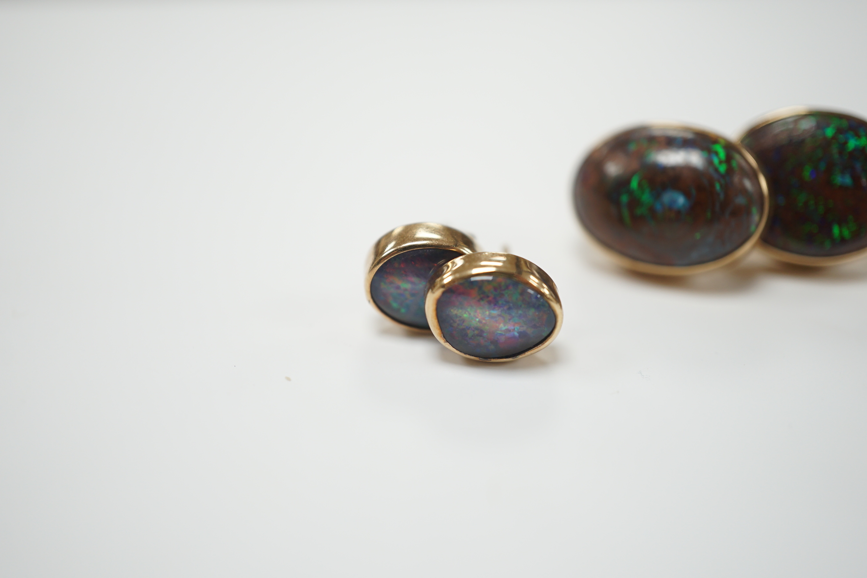 Two pairs of yellow metal and oval opal doublet set earrings, the smaller stamped 9ct, largest 17mm, - Image 3 of 5