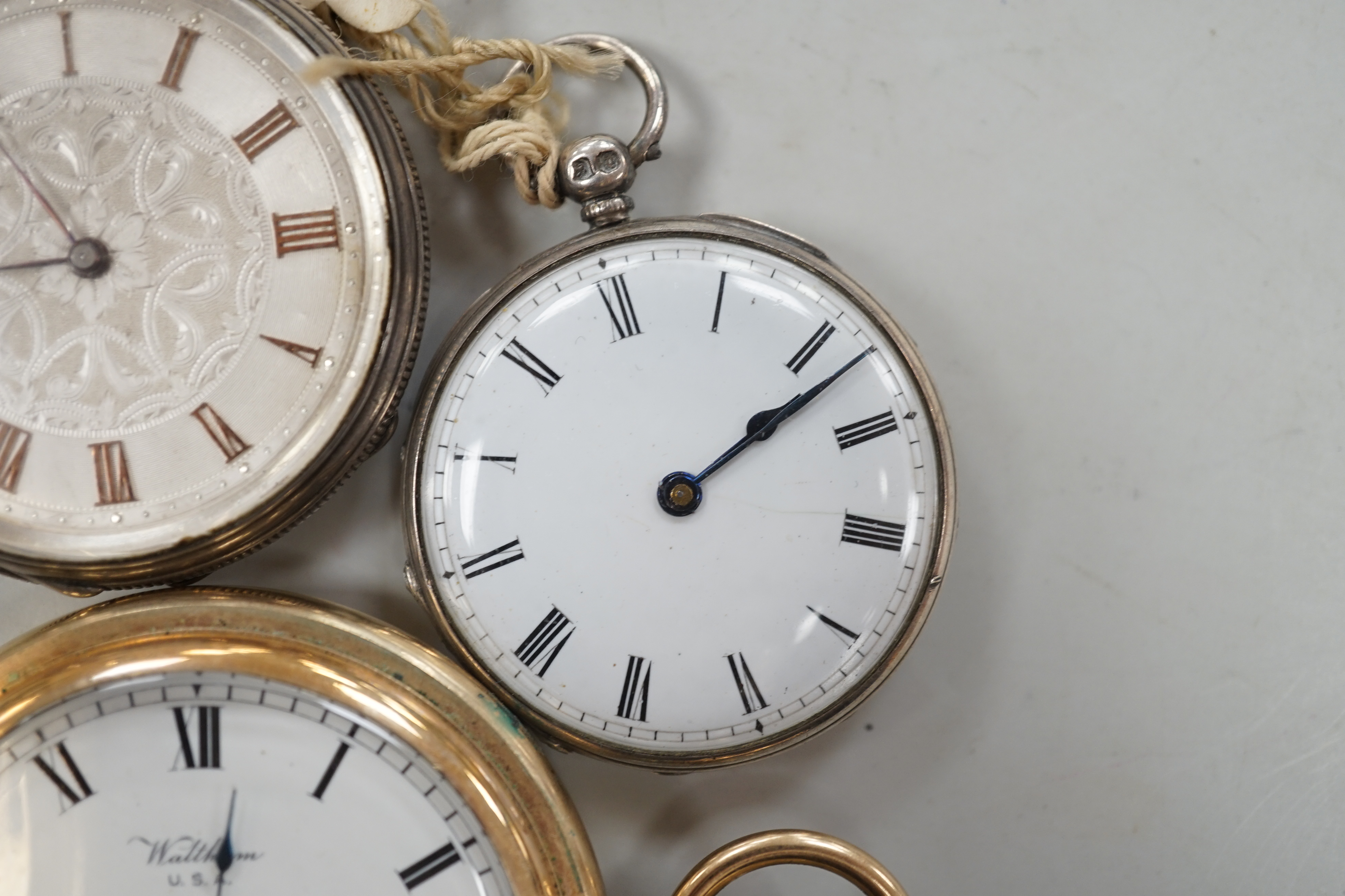 A Waltham gold plated hunter pocket watch and two fob watches, one silver. - Image 4 of 6