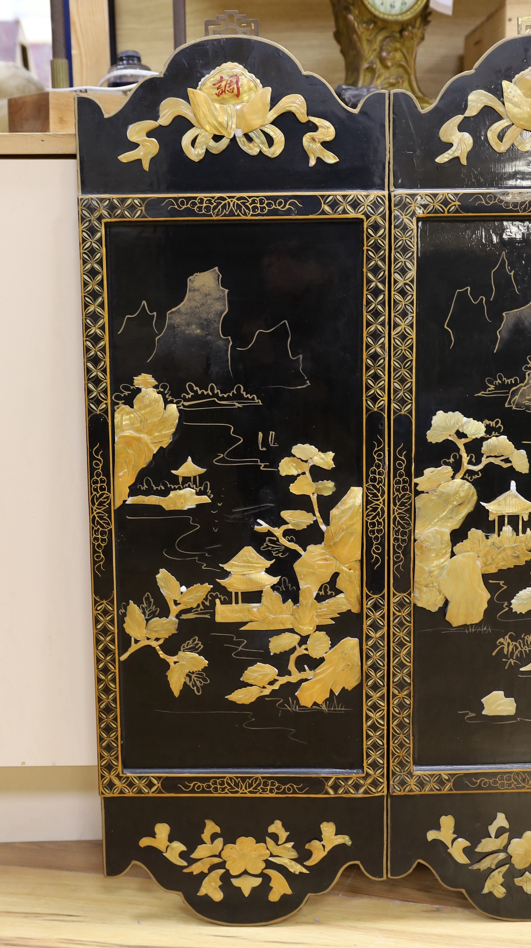 Three Chinese black lacquered, mother of pearl inset and gilt decorated panels, 94cm high - Image 2 of 4