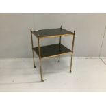 A Maison Jansen style leather inset brass two tier occasional table, width 48cm, depth 37cm,