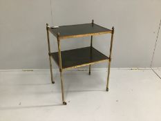 A Maison Jansen style leather inset brass two tier occasional table, width 48cm, depth 37cm,
