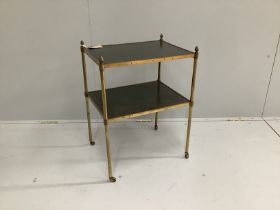 A Maison Jansen style leather inset brass two tier occasional table, width 48cm, depth 37cm,