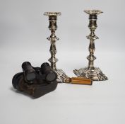 A brass single draw telescope, cased opera glasses, a pair of plated candlesticks, etc.