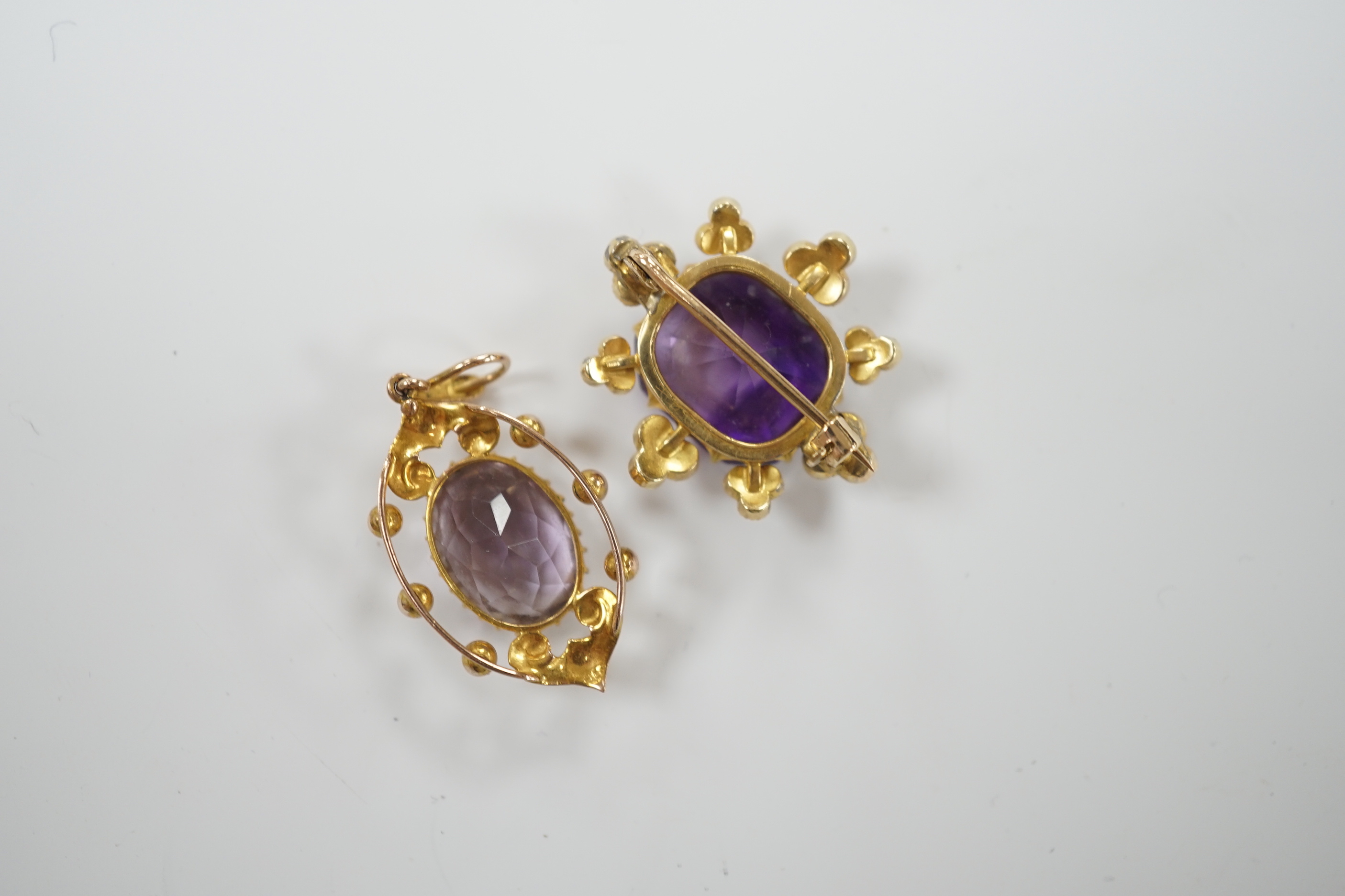 An early 20th century yellow metal, amethyst and seed pearl set brooch, 26mm and a similar - Image 6 of 6