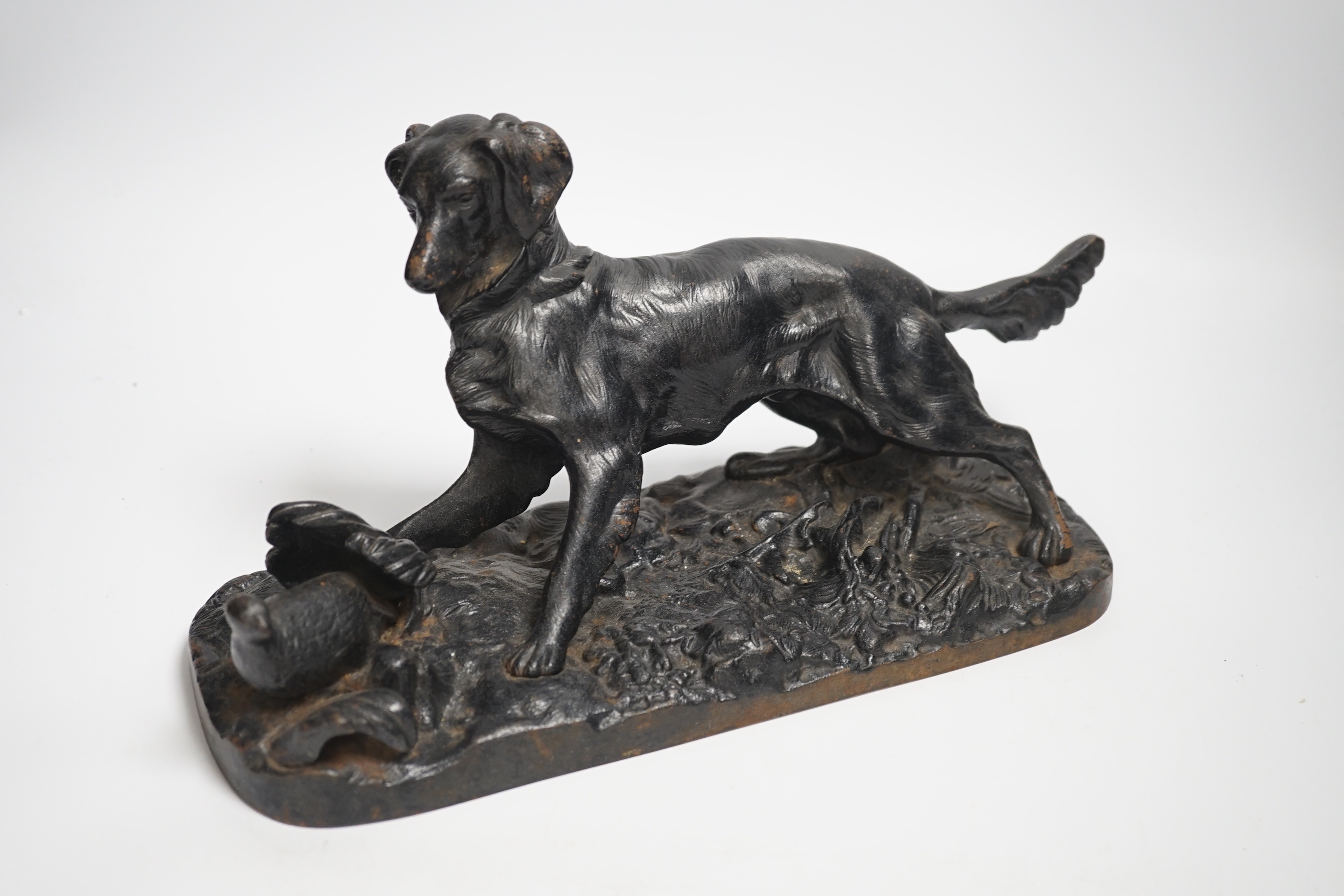 A cold-painted lead figure and a bronze animalier retriever dog, dog group 34cm long (2) - Image 5 of 7