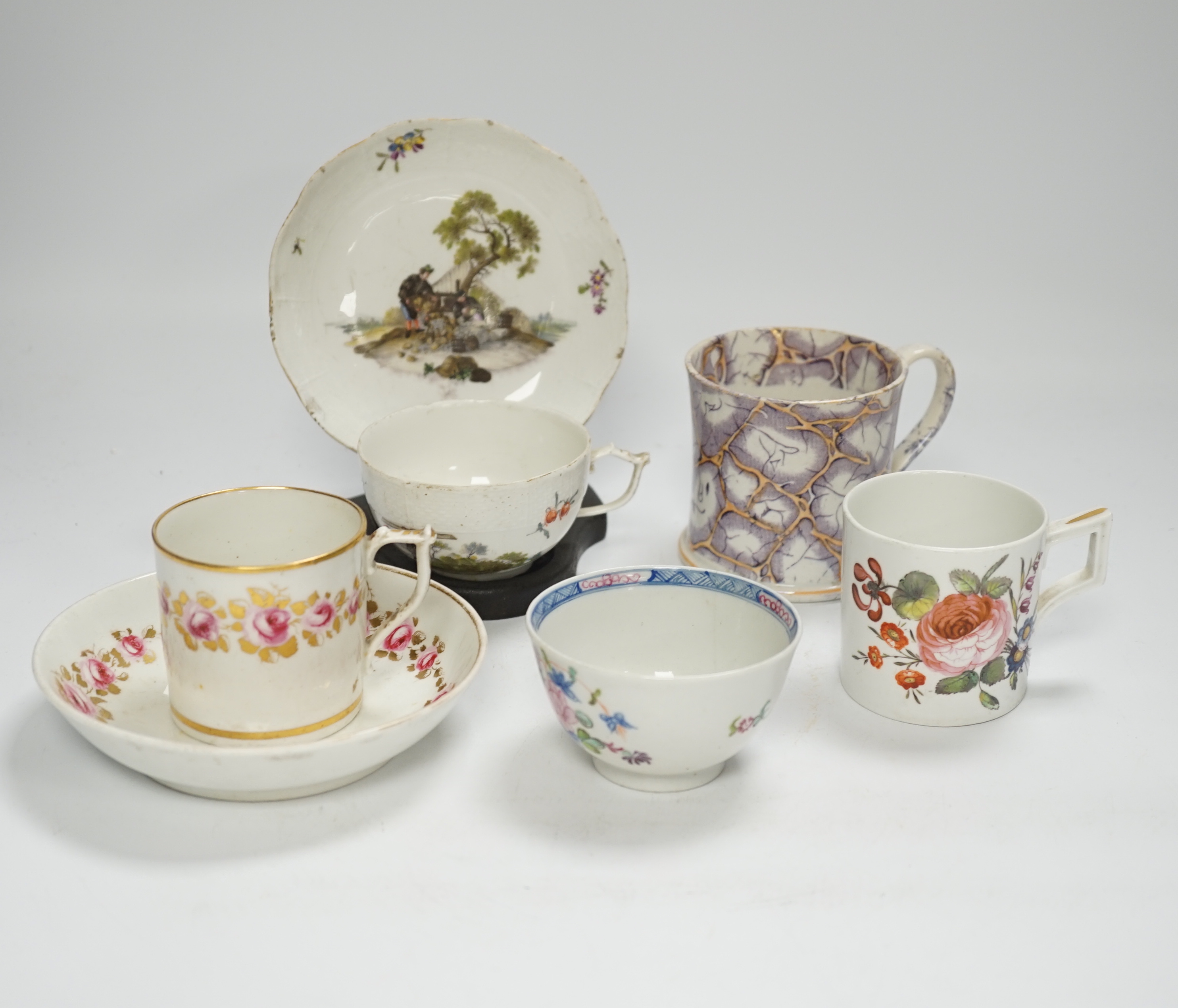 Two Derby porcelain coffee cans and one saucer, a tea bowl, a pearlware mug and a mid 18th century