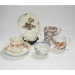 Two Derby porcelain coffee cans and one saucer, a tea bowl, a pearlware mug and a mid 18th century