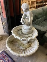 A French Henri Studios cherub and double scallop shell two tier garden fountain, width 80cm,