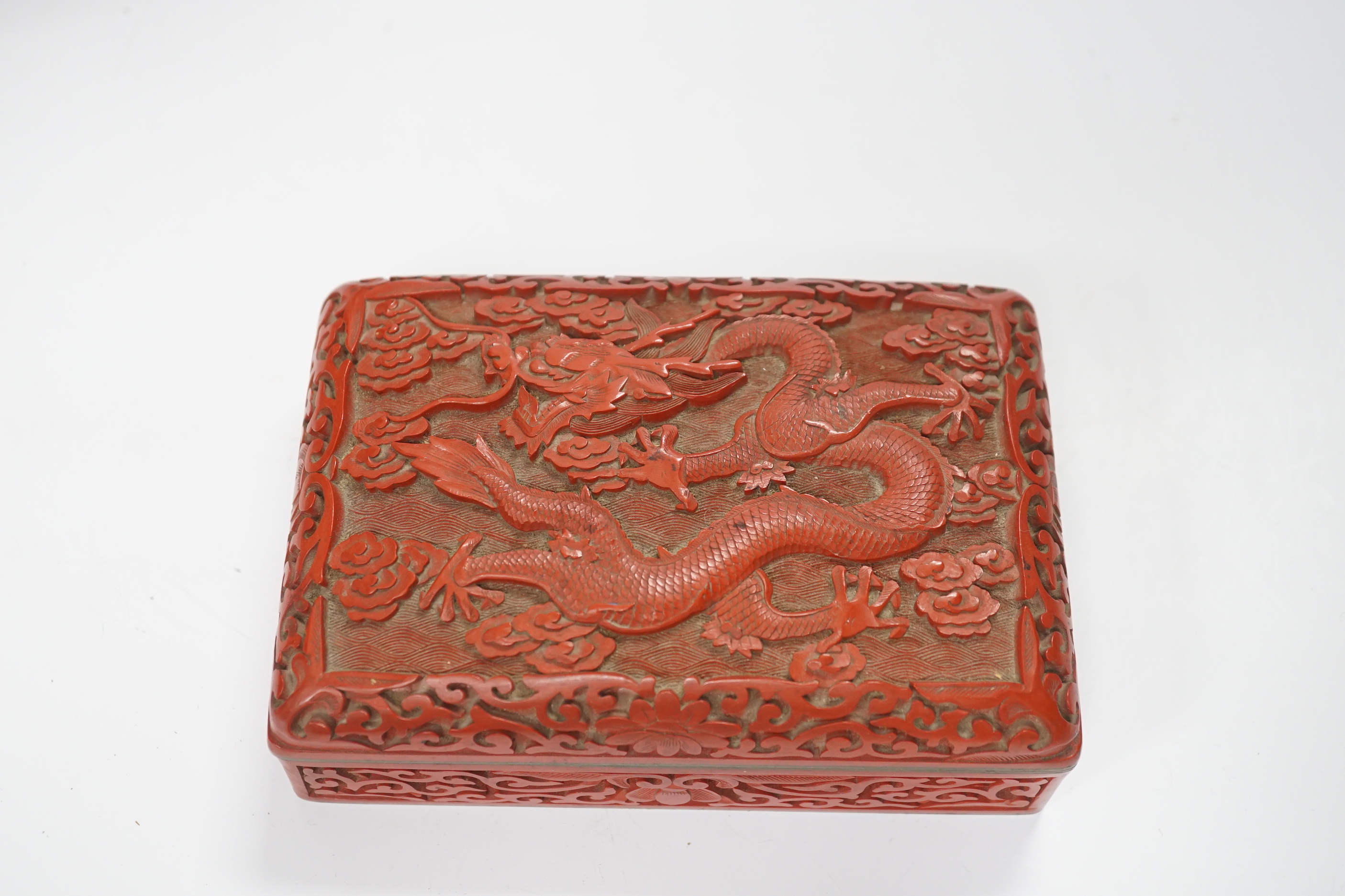 Three Chinese cinnabar lacquer items, a vase, an ashtray and a lidded box, vase 16.5cm - Image 6 of 10