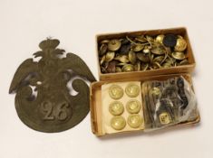 A 19th century Russian style Shako plate and a collection of naval buttons