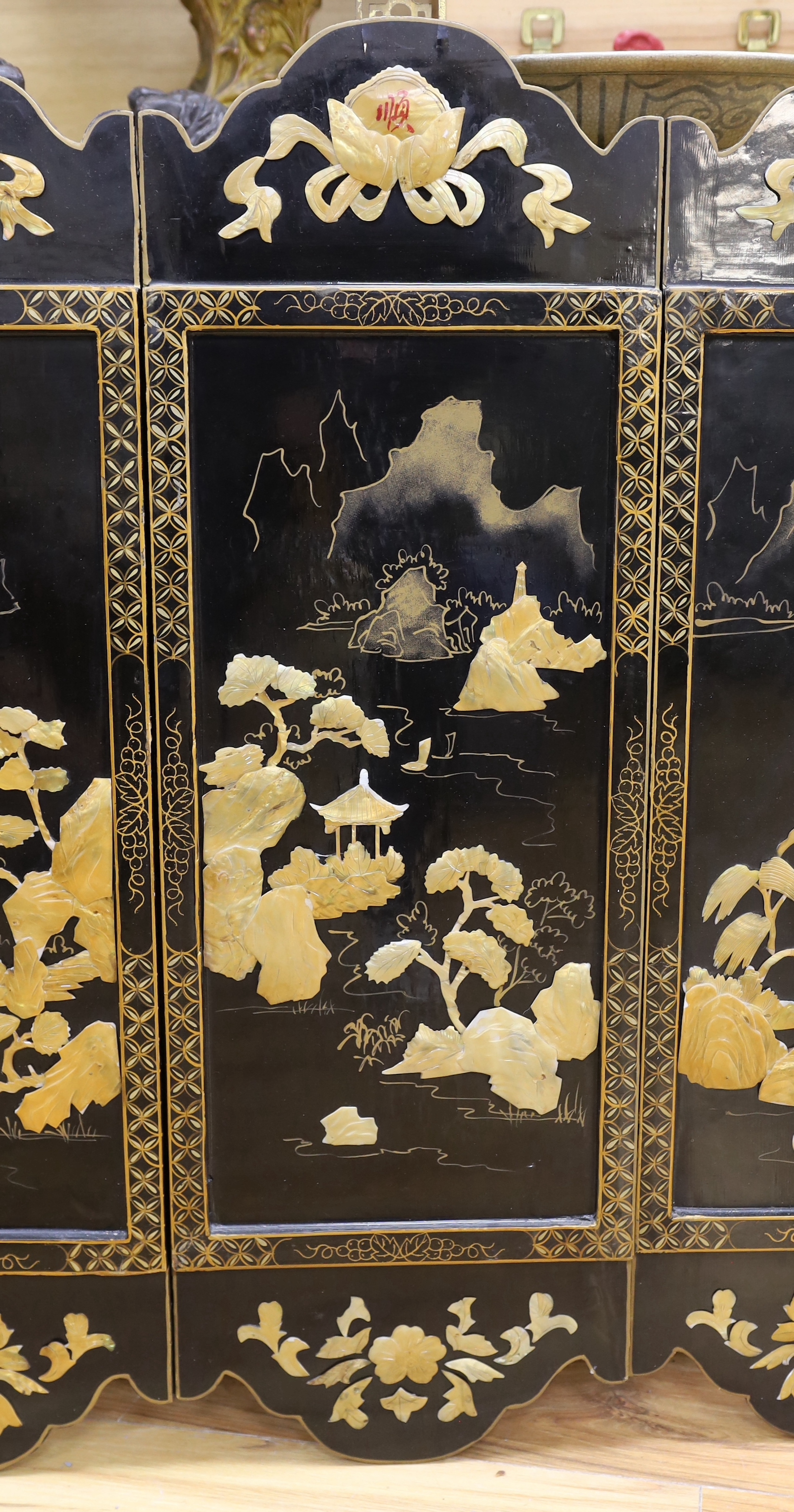 Three Chinese black lacquered, mother of pearl inset and gilt decorated panels, 94cm high - Image 3 of 4