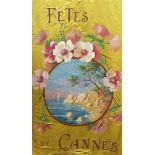 Pol Presson (20th. C) vintage silk 'Fetes de Cannes' banner painted with a French coastal landscape