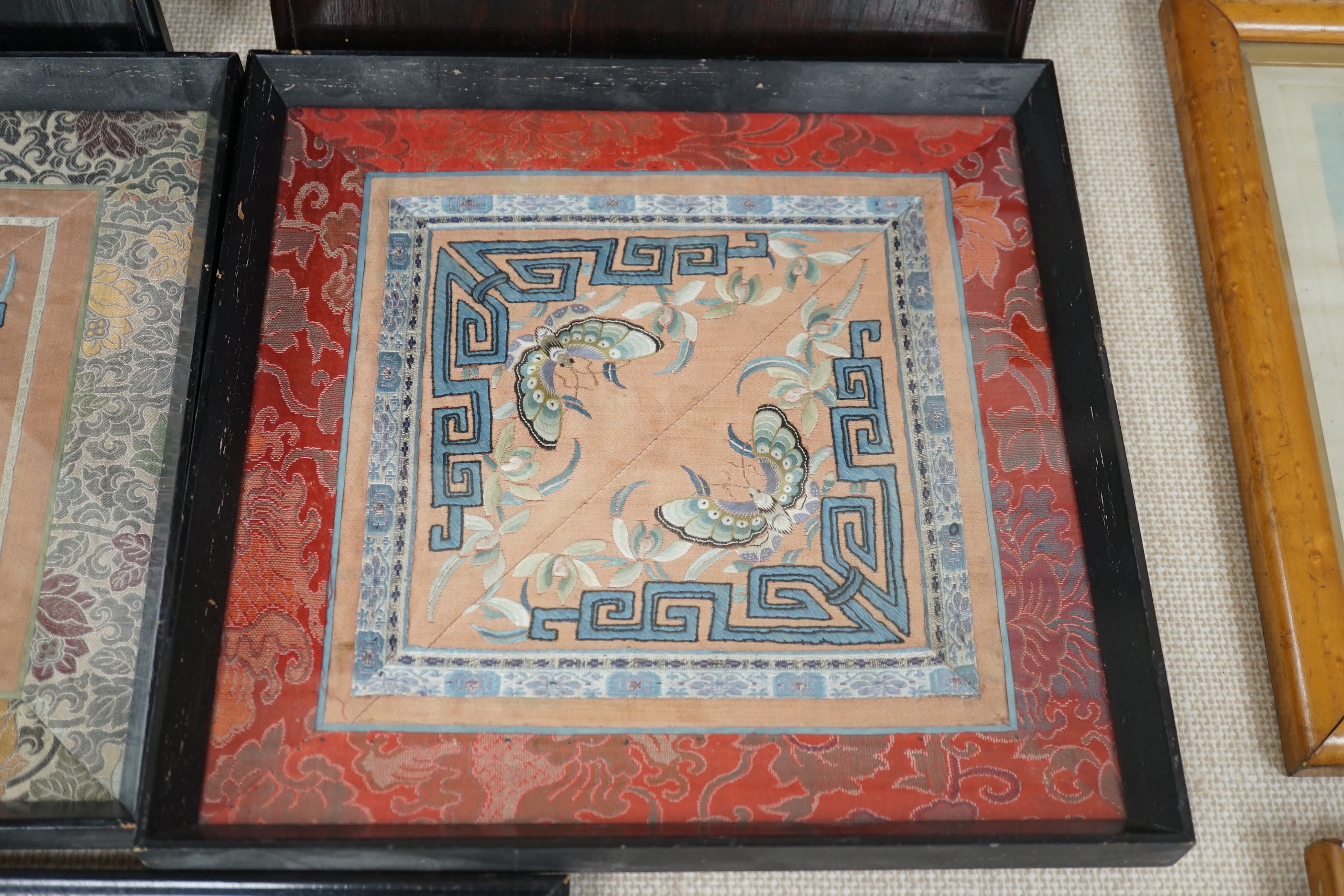 Three framed Chinese silk embroidered panels including a Beijing knot embroidered panel, two with - Image 5 of 6