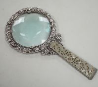 A Chinese white metal and pale celadon jade handled magnifying glass, early 20th century, stamped ‘