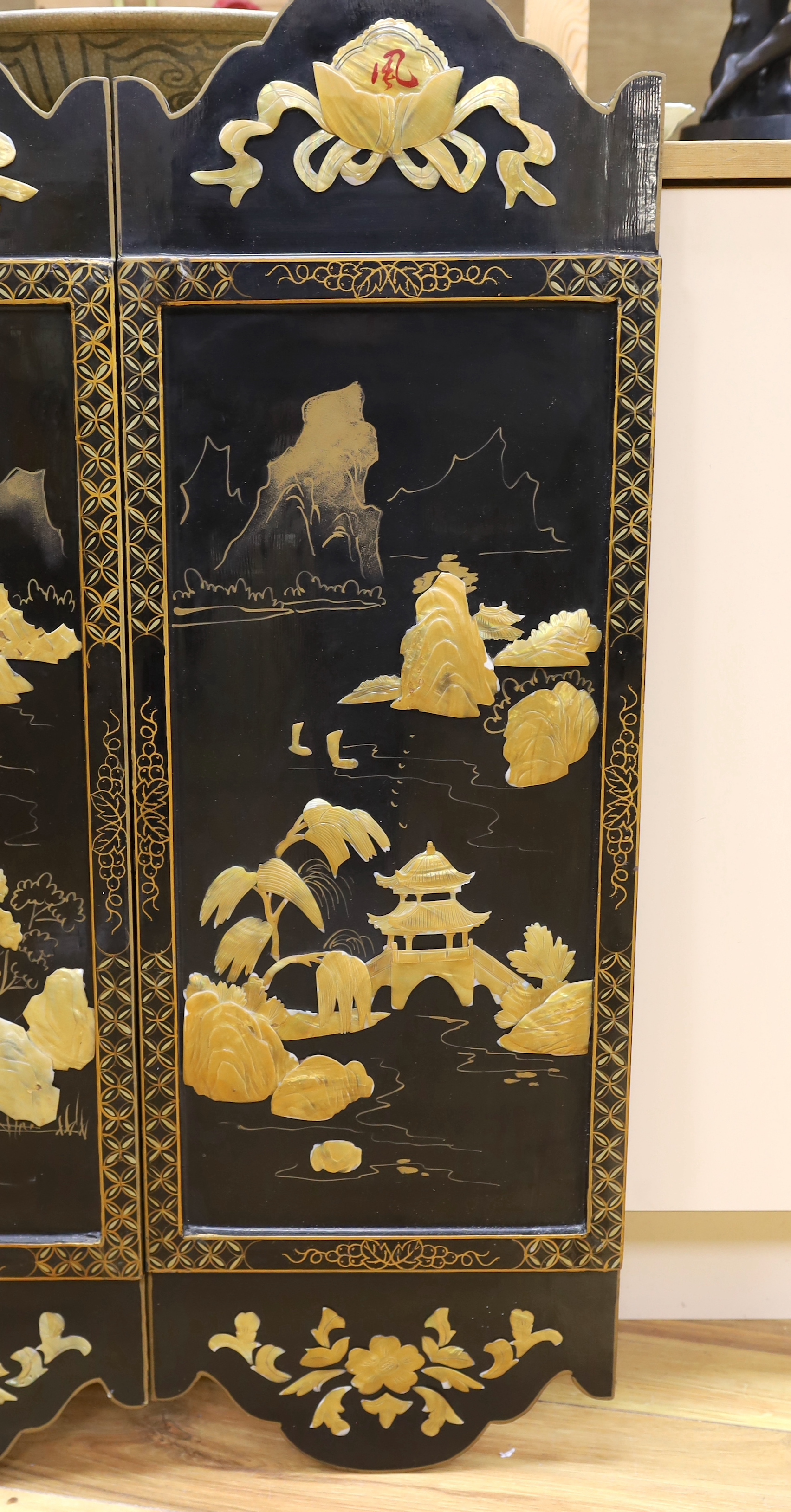 Three Chinese black lacquered, mother of pearl inset and gilt decorated panels, 94cm high - Image 4 of 4