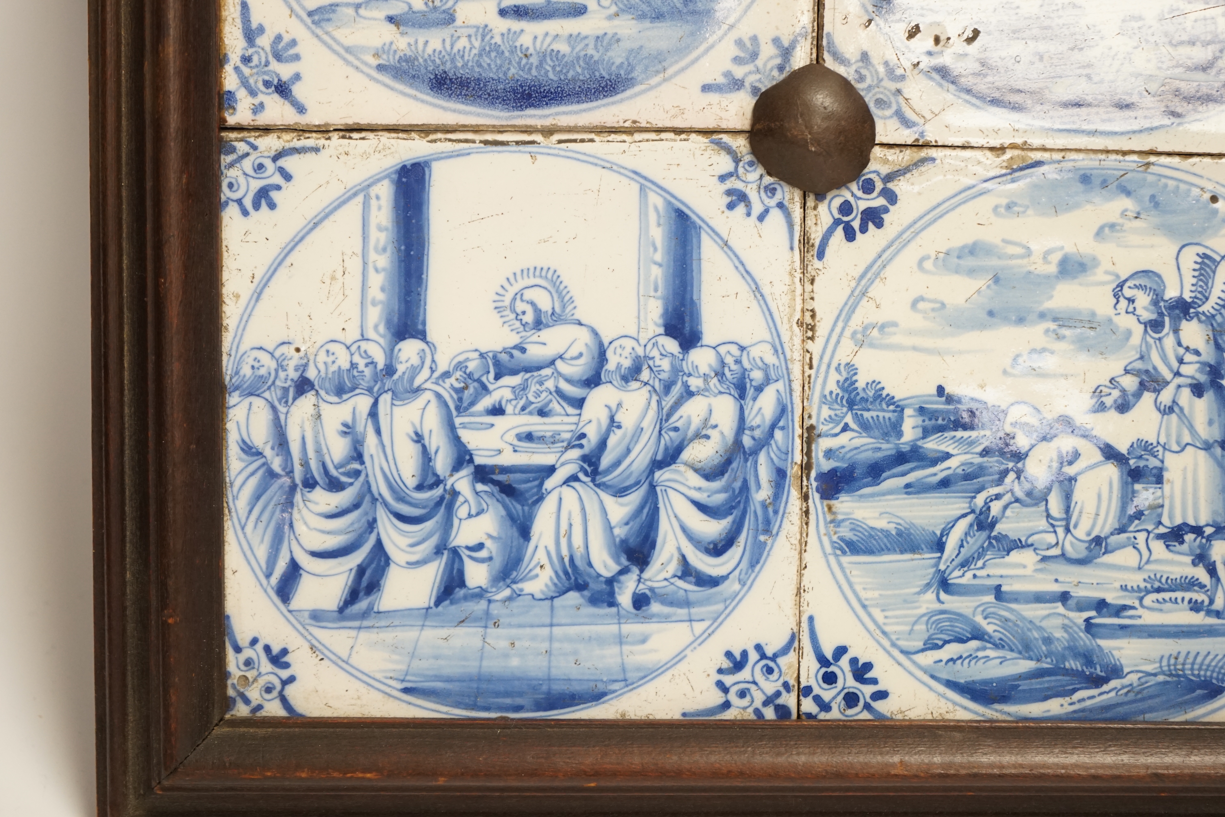 Four framed 19th century Delft ‘bible story’ tiles, 31cm x 31cm - Image 5 of 5