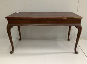 A Queen Anne revival rectangular oak and walnut centre table, adapted from a stand, width 139cm,