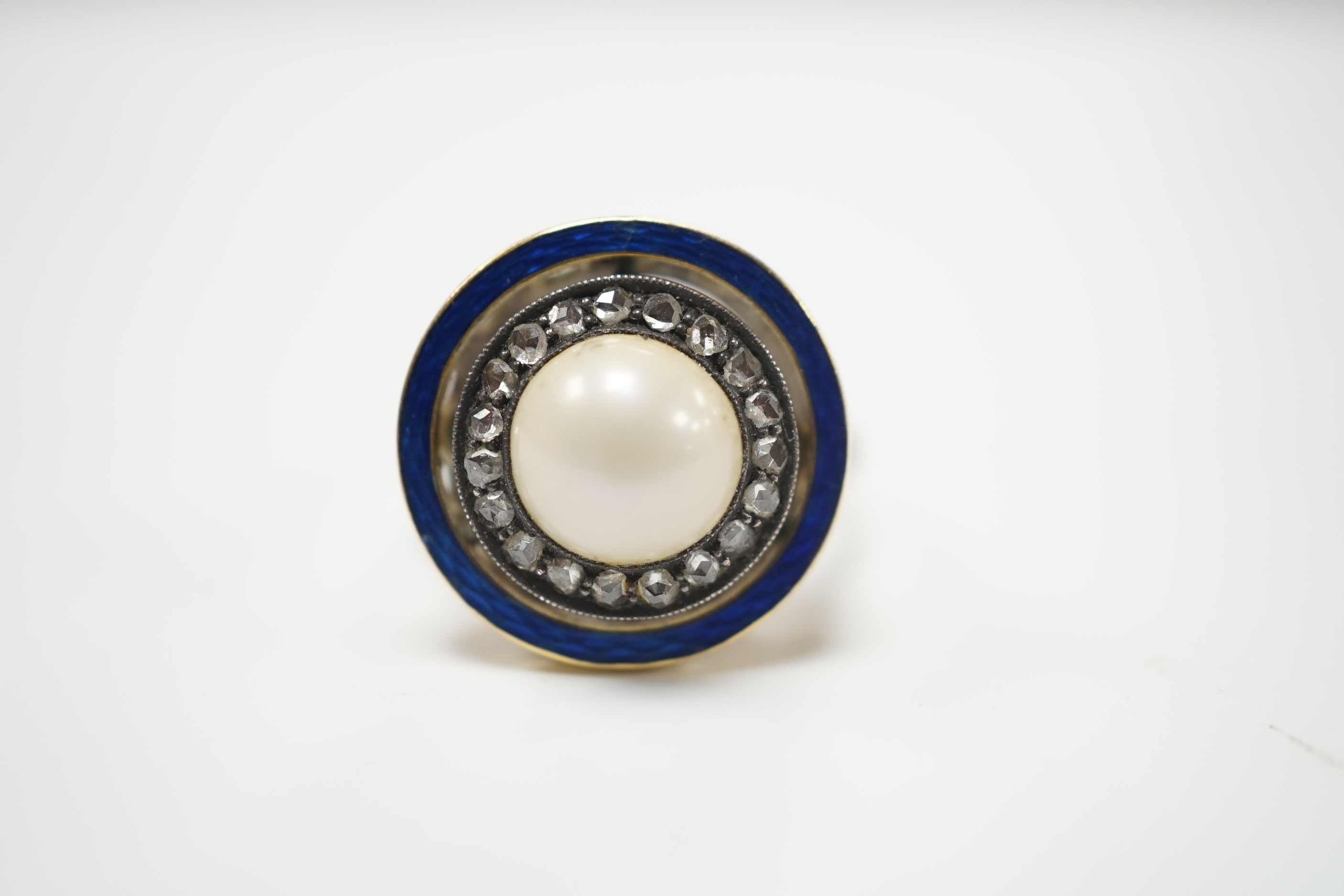 An early to mid 20th century yellow metal, split pearl, rose cut diamond chip and blue enamel set - Image 3 of 5