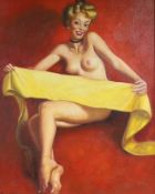 1950's Style. Oil on board, pin-up style portrait of a semi-nude lady, 49cm x 39cm