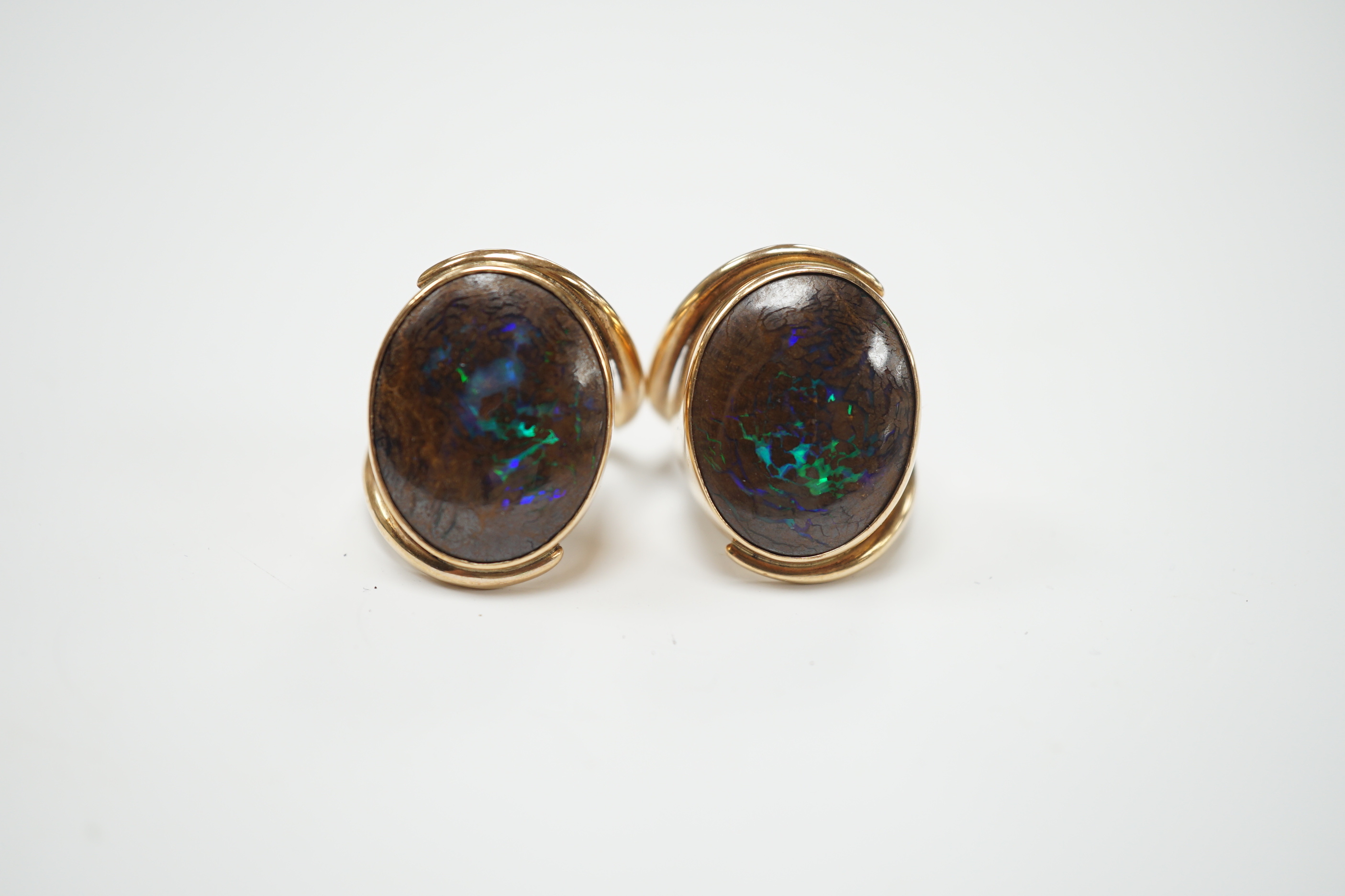 A pair of yellow metal and oval boulder opal set dress rings, both size M, gross weight 20 grams. - Image 2 of 8
