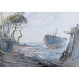 Charles William Sharpe (1881-1955), watercolour, Coastal scene with moored boats, signed, 35 x 24cm