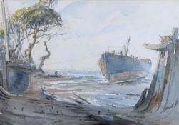Charles William Sharpe (1881-1955), watercolour, Coastal scene with moored boats, signed, 35 x 24cm