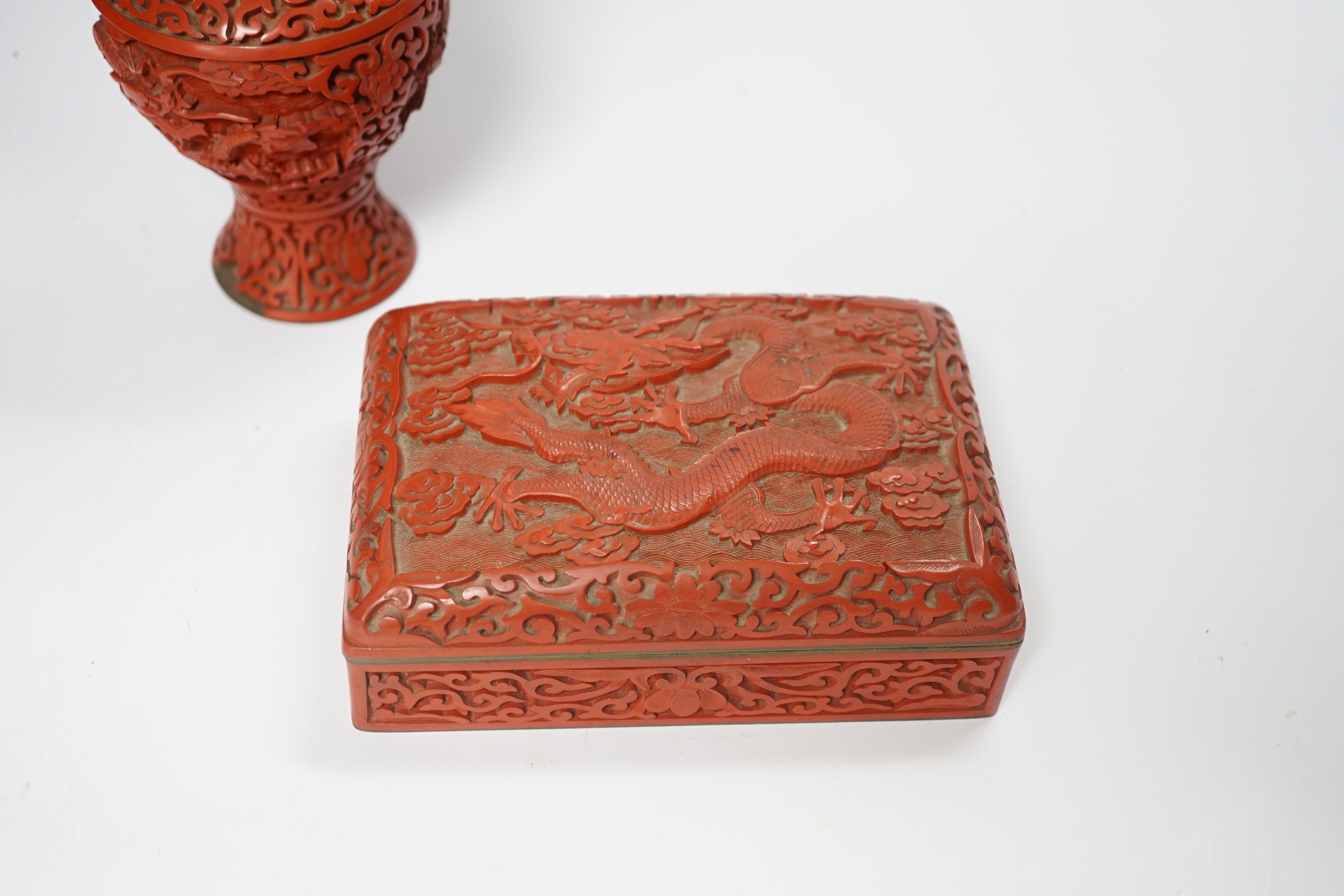 Three Chinese cinnabar lacquer items, a vase, an ashtray and a lidded box, vase 16.5cm - Image 5 of 10