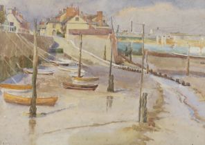 Arthur Suker (1857-1902), watercolour, Fishing village at low tide, monogrammed and dated 1921, 23 x