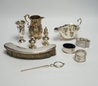Sundry small silver including a silver sauceboat, George V sparrow beak cream jug, pair of